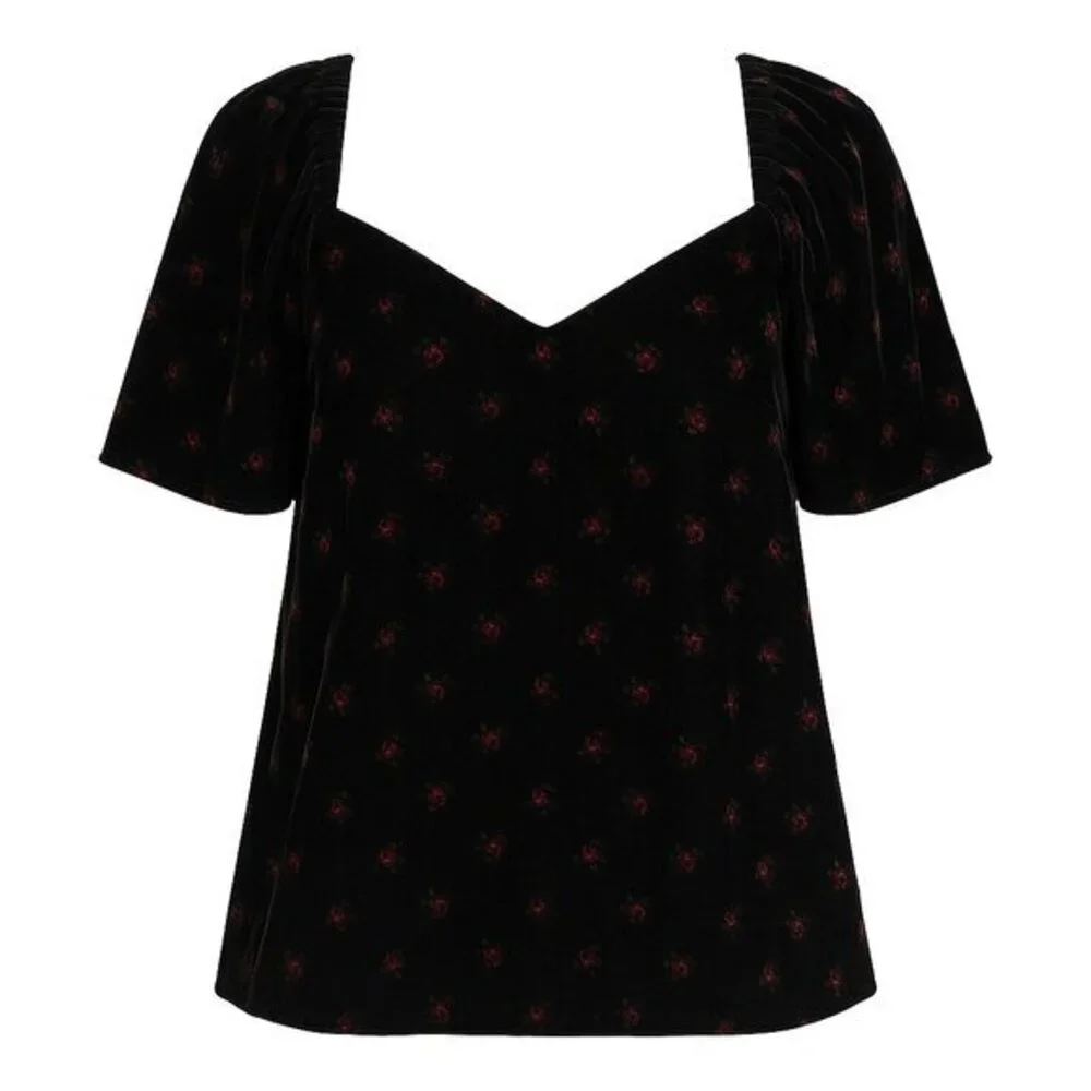 Loft  velvet dark floral  romantic  sweetheart puff sleeve collarless top size M